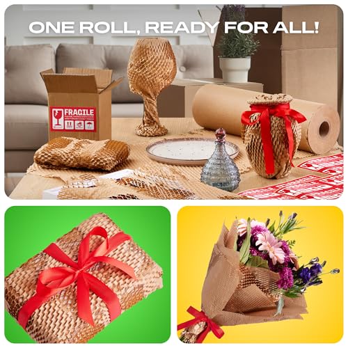 Honeycomb-Packing-Paper-Extra-Thick-90-GSM-Packing-Wrap-Biodegradable-Packing-Materials-15-x-400-Moving-Paper-30-Fragile-Stickers-Paper-Bubble-WrapPacking-Bubbles-Substitute