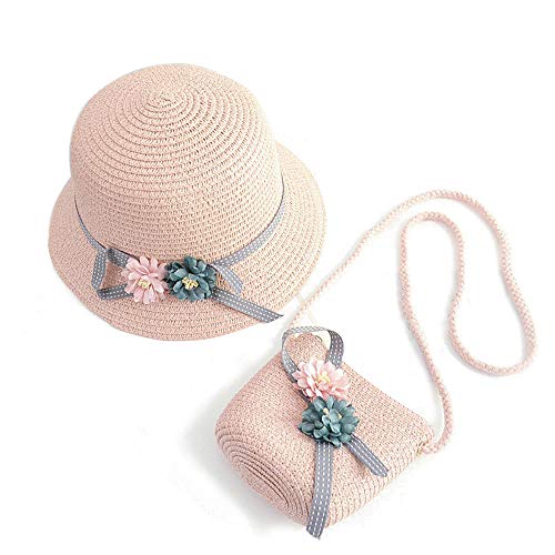 HEYDOO Girls Summer Hat Bag Set Kids Wide Brim Sun Beach Straw Flower Hats with Shoulder Bag (Camellia, Pink)
