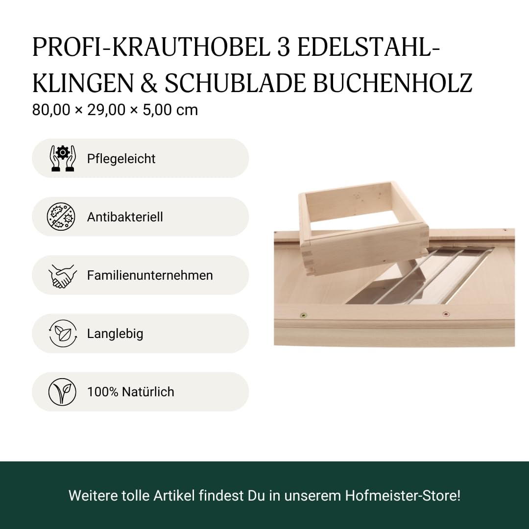 HOFMEISTER® Profi-Krauthobel Edelstahl-Klingen 80 cm - sicheres Schneiden von Weißkraut & Rotkraut dank beweglichem Schlitten, Gemüsehobel aus Buchen-Holz, Made in EU