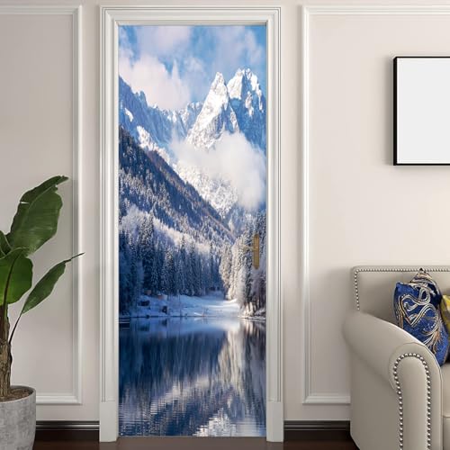 workid Sticker Porte Trompe l'oeil Effect Papier Peint 3D pour Porte intérieure Bureau Chambre à Coucher Salon Salle de Bain cerf prunier pics de montagne 90...