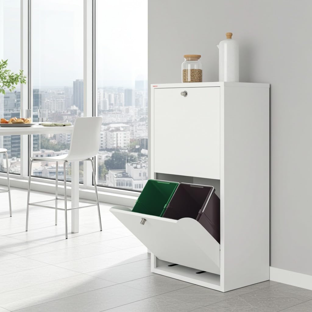 DON HIERRO EMI Cubo de Reciclaje 4 Compartimentos 80 L – Mueble Metálico Blanco de Diseño Moderno y Funcional – Hecho en España – Entrega Montado