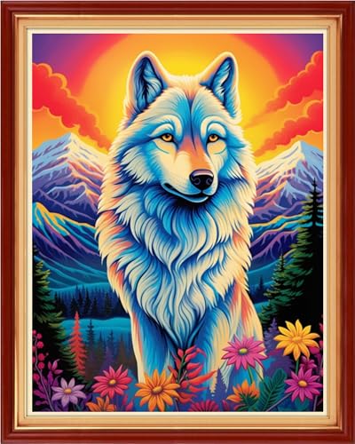 Image of Funchey Stamped Cross Stitch Kits, DIY Cross Stitch Pattern for Adults Beginners Needlepoint Kits Embroidery Kit Arts and Crafts 11CT-Wolf King Flower 16x20 inch