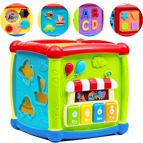 First MART 6 in-1 Musical Toys for 1+ Year Old – Musical Piano, Tunes, Vehicle, ABCD, Shape Blocks 1 Year Baby Girl Toys Incl A to Z Table, Spinning Gear Time Learning Clock