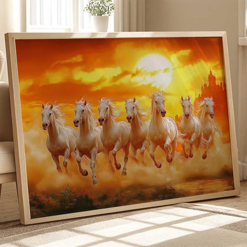 Image of HOTHOUSE Seven Running Vastu Lucky Horse Rising Sun Painting Wall Decor | 7 Horses Vastu Frame Wall Art Painting for Living Room Bedroom Office Home Decor Size (13X17 inch)