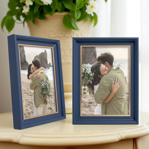 Image of GOLDEN PEACOCK 5x7 Inch Photo Frames Set of 2 - Dusk Blue & Gold