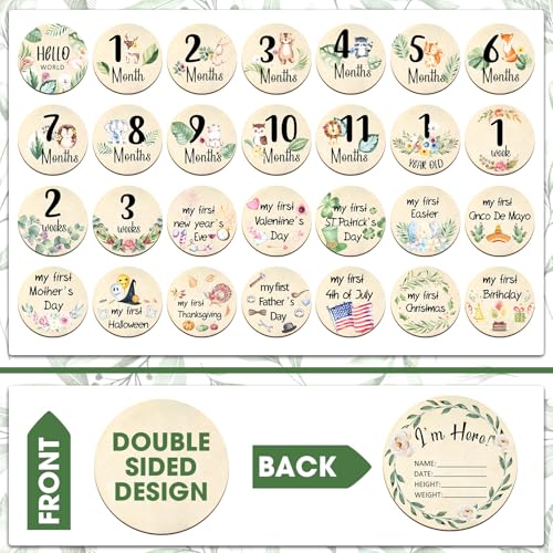 Image of Wesiti 31 Pcs Wooden Baby Monthly Milestone Cards Double Sided Hello World Milestone Discs Pregnancy Journey Birth Announcement Sign Baby Boy and Girl Sets (Vivid)