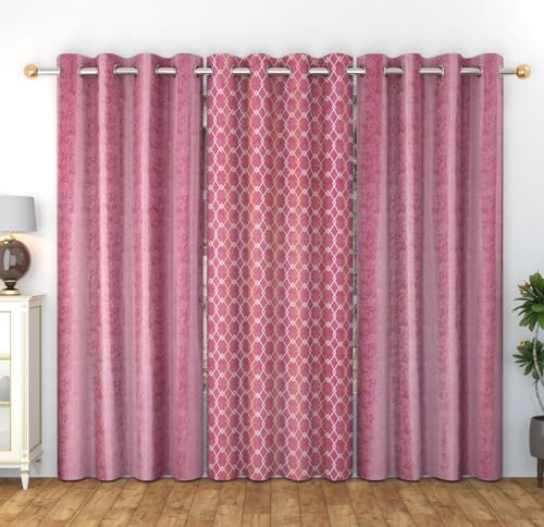 Image of Window Curtains Check Design for Drawing Room /Living Room /Hall Room Parde for Door, Pink Color 5 Feet 3 Pcs Set Curtains