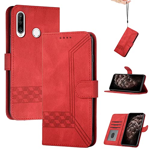 Genlision Funda Compatible con Huawei P30 Lite/Nova 4e/Honor 20S /Honor 20Lite,Flip Leather Edition,Funda de Cuero PU con Cáscara de TPU, magnético, función de Soporte y Ranuras para Tarjetas-Rojo