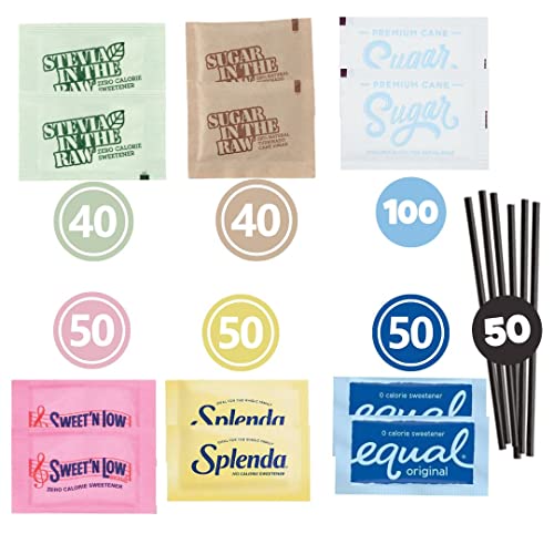 Sugar And Sweetener Assortment Packets Bundle - 330 Ct Of Sugar And Sweetener Packets - Individual Sugar And Sugar Substitute Variety Pack Including Pure Cane Sugar Packets, Brown Sugar In The Raw, Stevia In The Raw, Splenda, Equal, Sweet’n Low Zero Calorie Sweeteners, And 50 Coffee Stirrers | Care Package | Single Use Sugar Packets For Home, Office, Airbnb, Coffee Bar, Gift, Travel, Rv’s #TOP1