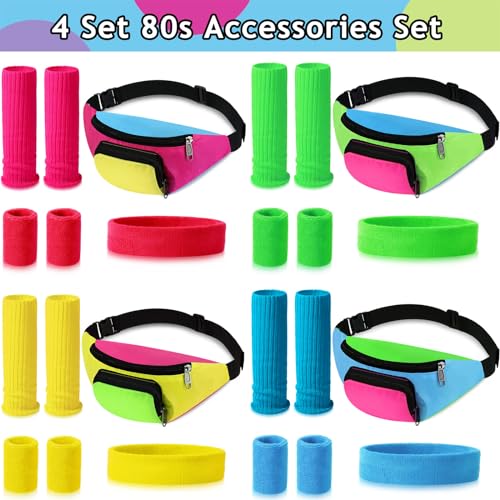 Image of Xuniea 4 Set 80s Accessories for Women Workout Set Include Retro 80s Fanny Pack Neon Leg Warmers Headband and Wristbands 80s 90s Party Disco Neon Party cosplay