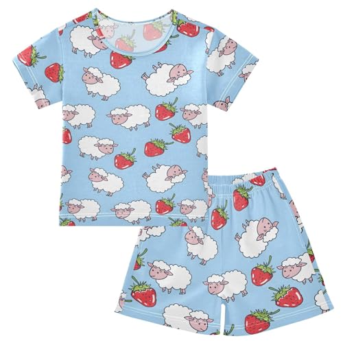 ALAZA Sheep Strawberry on Blue Pajamas Short Sleeve 2 Piece Sleepwear Top and Bottom Pajama Set Unisex