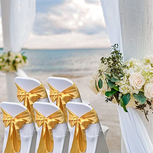Maiangel Satin Chair Sashes Bows-50PCS Chair Ribbon Ties Back Sash for Wedding Party Events Banquet Chair Cover Decoration (Gold)