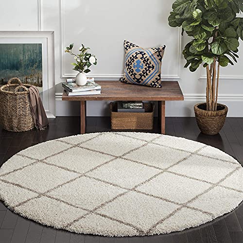 Image of Modern Anti Skid Round Shag Plush Fur Rug and Carpet for Living Room, Bedroom, Office, Area Rugs (4x4 Feet Round, Ivory & Beige)