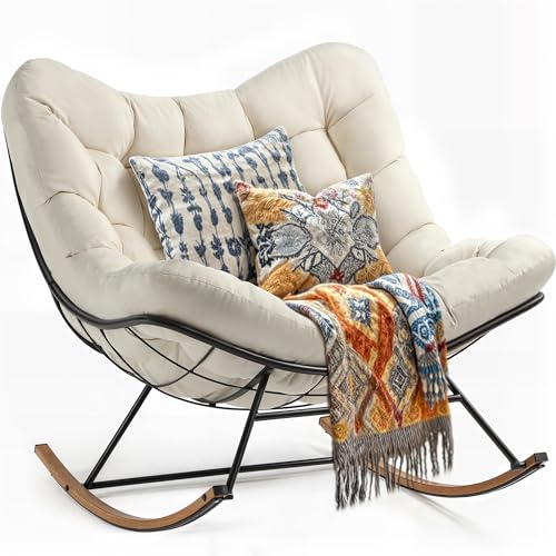 YITAHOME Oversized Rocking Papasan Chair, Wide Rocking Chair, Comfy Indoor and Outdoor Lounge Chair with Thick Cushion for Bedroom, Living Room, Patio, Porch, Garden, Deck, Lawn (Beige)