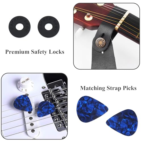 Image of Adjustable Guitar Strap Includes 2 Strap Locks & 2 Matching Picks & 1 Picks Holder & 1 leather Strap Button.