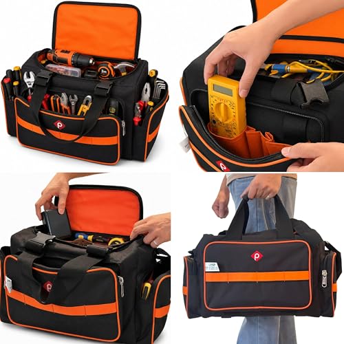 Image of PAHAL Heavy Duty Tool Bag for Electrician, Plumber, Carpenter, AC Technician & Service Engineer Waterproof Nylon Tool Storage Organizer, Shoulder Strap & 24L Capacity Black /Orange