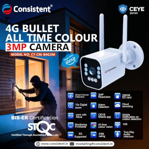 Image of Consistent 4G CCTV Outdoor Bullet Camera | STQC Certified | IP66 All Time Color | Night Vision Human Detection | Supports Upto 256GB Memory Card| Cloud Storage CCTV Camera.