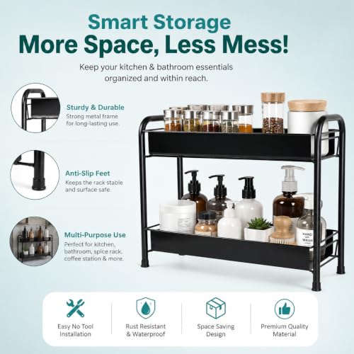 Image of Zepdos 2-Tier Kitchen Countertop Storage Rack, Metal Spice Organizer Shelf, Multipurpose Kitchen Organizer Stand for Spices, Oil Bottles, Jars & Condiments, Rust Resistant Counter Rack