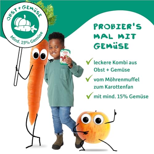 FRECHE FREUNDE Bio Quetschie Apfel, Blaubeere mit Karotte, Fruchtmus mit Gemüse im Quetschbeutel für Babys ab dem 6. Monat, vegan, 6er Pack (6 x 100g)