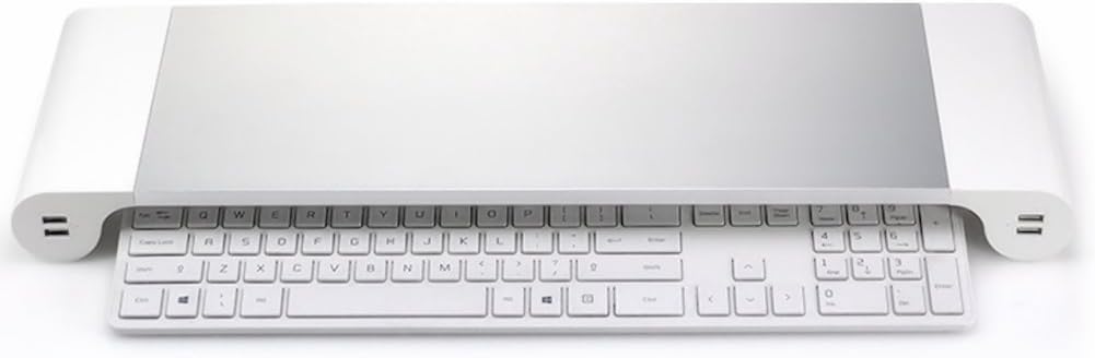 Guppy Monitor Stand Riser for iMac, Mac, PC, Aluminum, White Silver, 4 USB Charging Ports, Keyboard Mouse Storage, Modern Professional Style