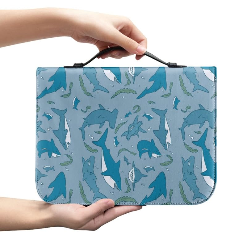 Garronmavis Cartoon Sharks PU Leather Bible Case for Women Plants Shark Bible Bag, Ocean Animals Bible Protective Bags - M - Image 2