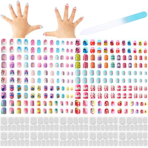 editTime 10 pack 240 pieces Children False Nails Girls Easy Press on Nails Sweet Cute Animals Mermaid Flake Gradient Color Rainbow Kids Short Fake Nails with a Nail File and Nail Glue Stickers (kit 1)