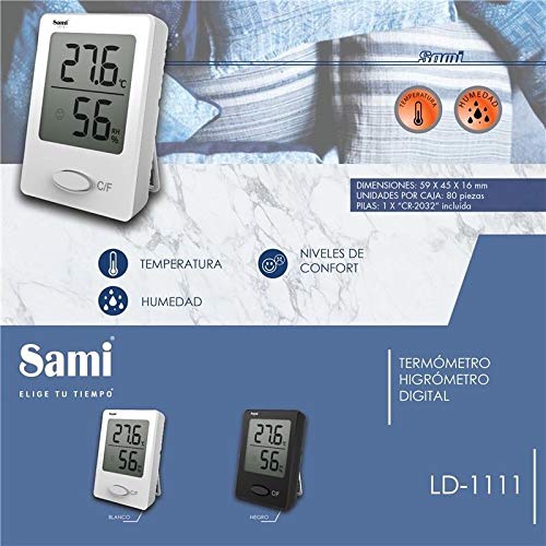 Sami LD1111B Digital Thermometer Hygrometer with feature callouts and dimensions