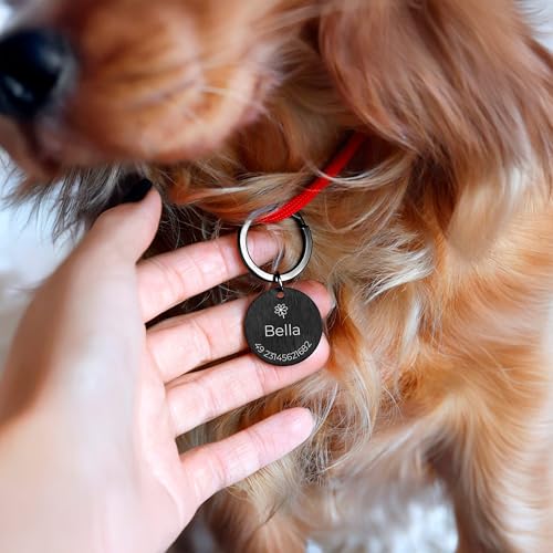 LAUBLUST Personalisierte Hundemarke mit Gravur für Halsband - Rund, Schwarz, Edelstahl | Größen S, M, L - Personalisiertes Geschenk für Hunde, Hundebesitzer mit Name als Hundezubehör, inkl Geschenkbox