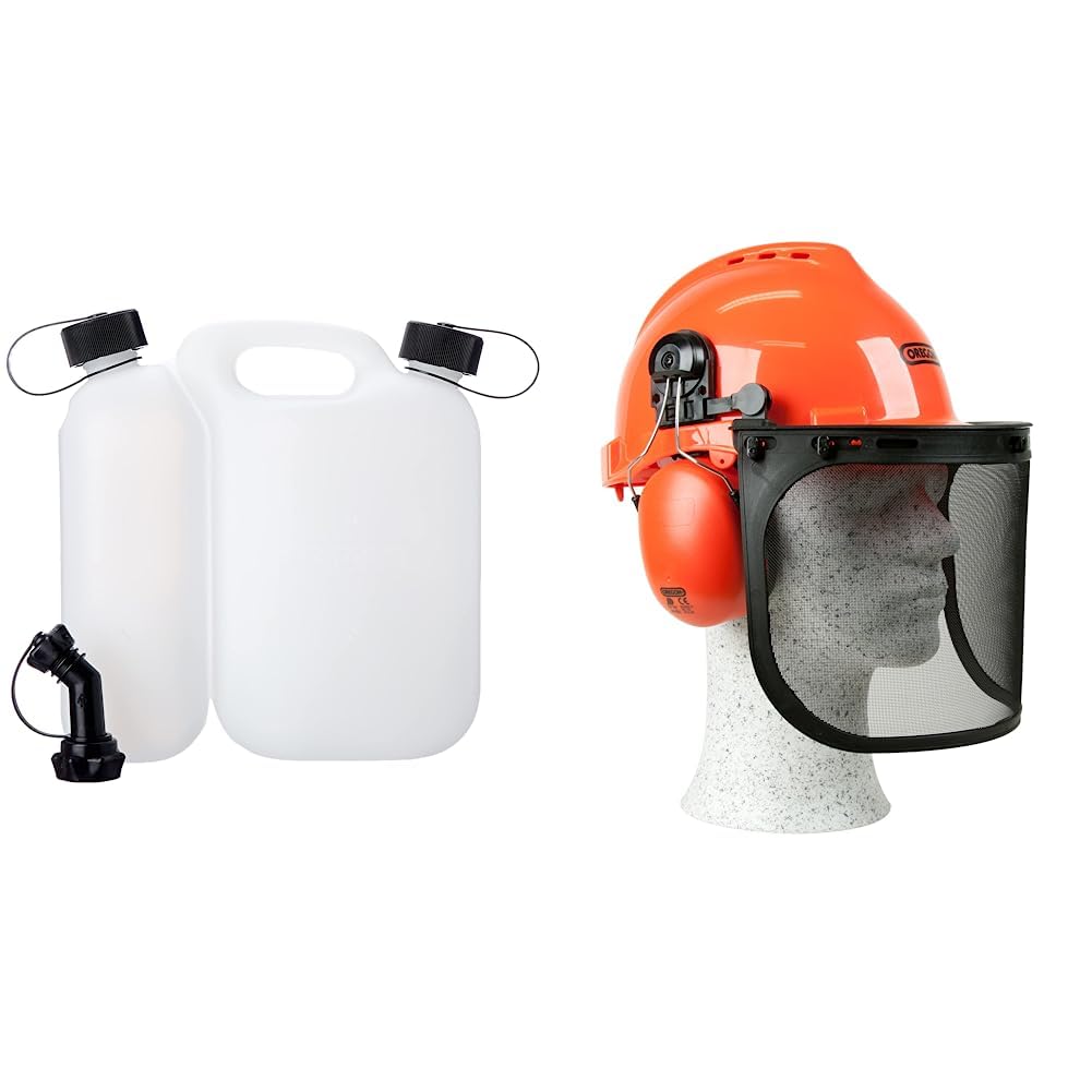 Oregon Kombi-Kanister für Kraftstoff und Kettenöl, 5L + 3L, Transparent & Yukon Kettensägen-Sicherheitshelm mit Gehörschutz und Netzvisier, Orange, Einheitsgröße