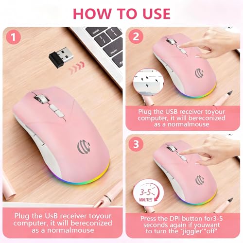 Image of Wireless Mouse, Bluetooth Mouse for Laptop, Rechargeable, Dual Mode (BT 5.2 + 2.4G ) Silent Wireless Bluetooth Pnk Mouse, Laptop Mouse,Ergonomic Design, 3-Level Adjustable DPI Mouse for iPad, Mac, PC