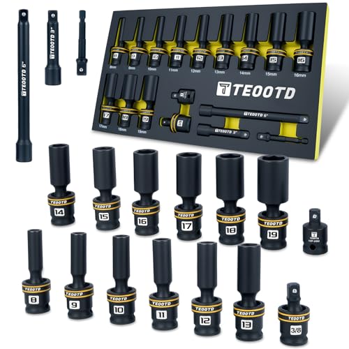 Image of 17 PCS 3 /8-Inch Drive Swivel Socket Set, Metric Universal Impact Socket Set, 6-Point, 8-19mm, CR-MO Flexible Wobble Sockets,with 3 inch 6 inch Extension Bars and Adapter
