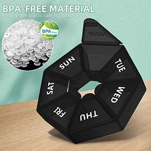 Gelibo,Weekly Pill Organizer, 2 Pack Portable Travel Pill Box Dispenser Medicine Case 6 Colors (Seven Day) New Edition For Vitamin/Fish Oil/Pills/Supplements-Arthritis Friendly (Black) #TOP2