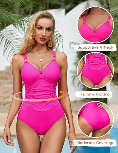 BMJL Women's Tummy Control Swimsuit Modest V Neck One Piece Bathing Suit Ruched Adjustable Straps Slimming Swimwear3