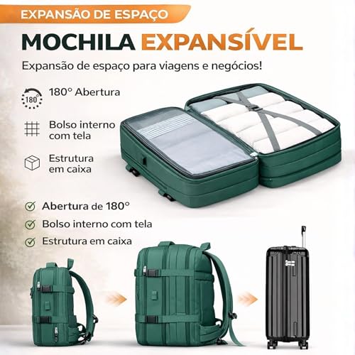 Mochila Viagem Avião Viral Expansível Low Cost Reforçada Impermeável Bagagem de Mão - VERDE
