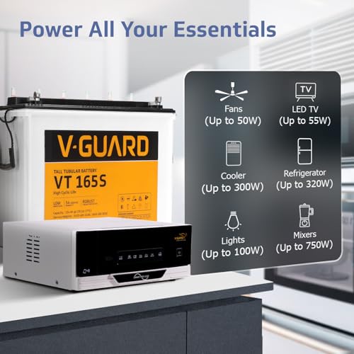 Image of V - Guard Smart Inverter & Battery Combo (Smart Pro 1200 Digital Sine Inverter, VT 165S (154 Ah Tall Tubular Battery)) for Home, Office & Shops