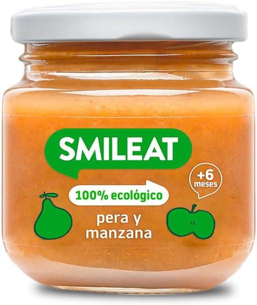 Smileat - Tarrito de Frutas Ecológicas con Pera y Manzana para peques +6 Meses - Sin Azúcar Añadido, Sin Sal, Sin Leche, Sin Huevos - 130g