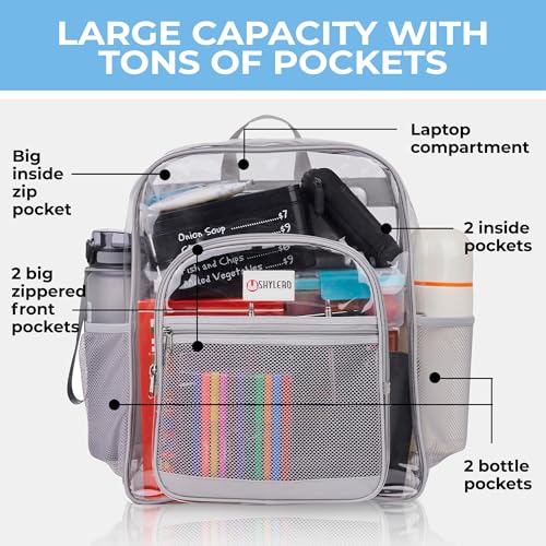 Image of SHYLERO Clear Backpack Heavy Duty has TSA Lock, 2-WAY Zipper. PVC Transparent Backpack Is Extra Large - H18''xW14''xD8 - Light Gray