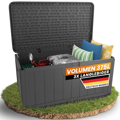Naturiz® Gartenbox wasserdicht & stabil 375L - Aufbewahrungsbox XXL - Gartenkiste wetterfest - Auflagenbox, Kissenbox, Paketbox, Gartentruhe, Outdoor Box, Garten Box, schwarz (375L)