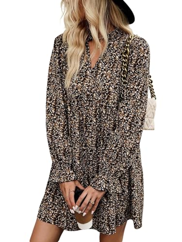 GORGLITTER Damen Langarm Kleid Elegant A-Linie Minikleid mit Leopardenmuster Rüschensaum Locker Kleider V Ausschnitt Freizeitkleid Blusenkleid...