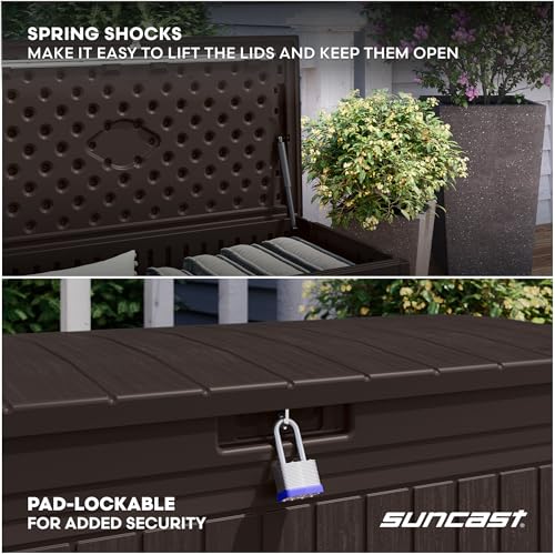 Suncast 80-Gal. Resin Large Outdoor Patio Deck Box with Pad-Lockable Lid, Modern Outdoor Patio Bench/Storage Box for Cushions, Garden Tools, and More, Java - image 5