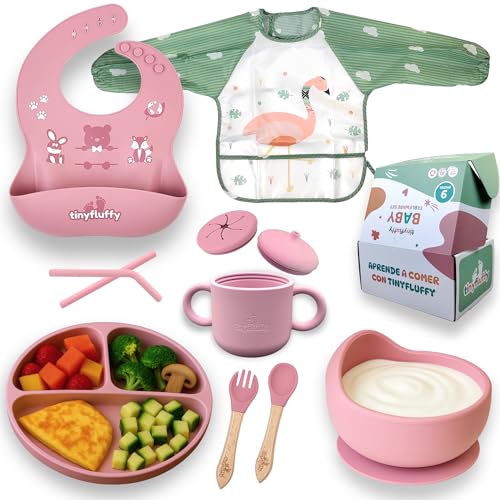 tinyfluffy Vajilla Bebe - Cubiertos Bebe, Vajilla Bebe Silicona, Plato Bebe, Baberos Bebe Impermeable, precucharas bebe blw, Plato Bebe Ventosa, Cubiertos Infantiles, Babero Bebe Silicona (Rosa)