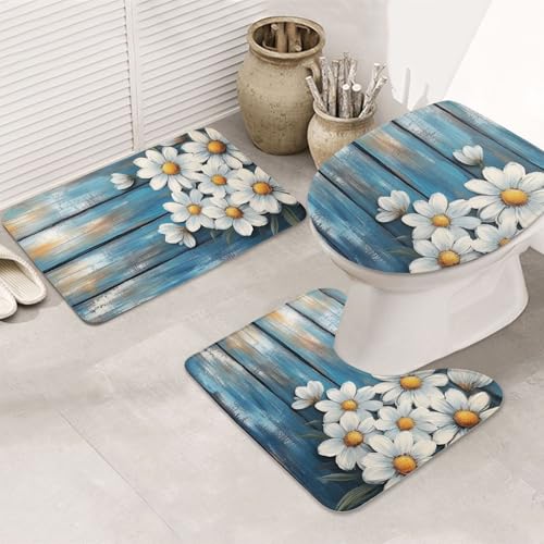 Juego de 3 alfombras de baño con margaritas blancas alfombrilla antideslizante y lavable 2