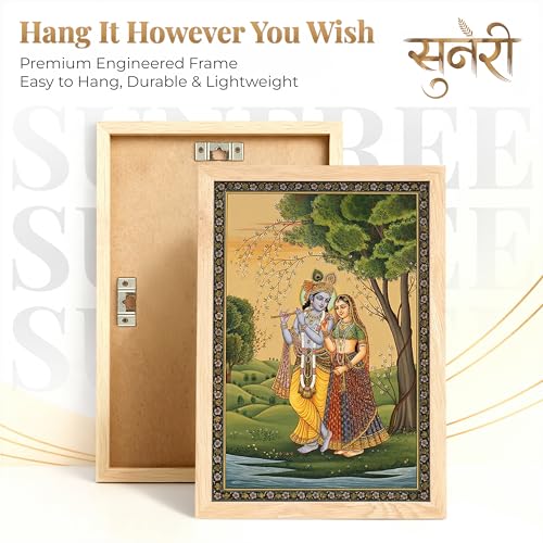 Image of Suneree Radha Krishna Miniature Painting with Peacock Wall Art | Set of 2 Framed Paintings | Traditional Mughal Indian Decor for Living Room Bedroom | (ART 4, 10x13 INCHES)