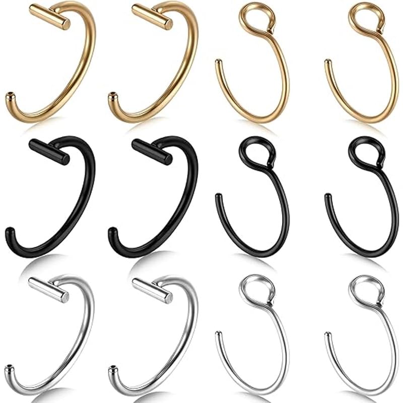 dangjuacua 12 Pcs Fake Piercings Set – Silver, Black and Gold Clip-On Lip Rings and Nose Rings, Stainless Steel Non-Piercing Faux Jewelry