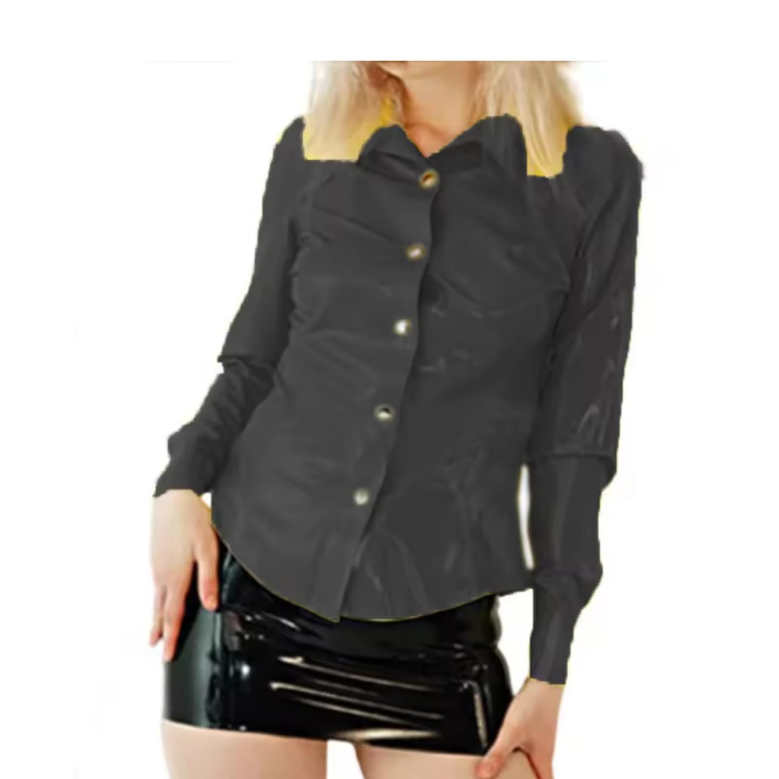 Damen Button Up PVC Lederhemden Langarm Tops Bluse Büroarbeit