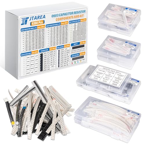 JTAREA 6390 Pièces SMD 0603 Composant Electronique Assortiment Set avec 1% Résistance 5% Résistances Condensateur Inducteur LED Diode Transistor IC DIY...
