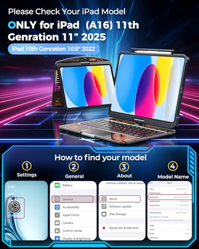SIBEITU Keyboard Case for iPad A16 11th Gen 11" 2025 & 10th Gen 10.9" 2022, Clear Wireless Keyboard Protective Cover with Multi-Touch Trackpad, 7-Color Backlight & 3-Brightness, 360 Rotatable, Black