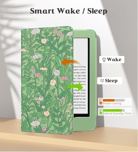 MoKo Case for All-new 6" Kindle(11th Generation, 2024/2022 Release)/Kindle(10th Gen,2019)/Kindle(8th Gen, 2016), Ultra Lightweight PU Shell Cover with Auto Wake/Sleep for Kindle 2024, Green Flower - Image 4