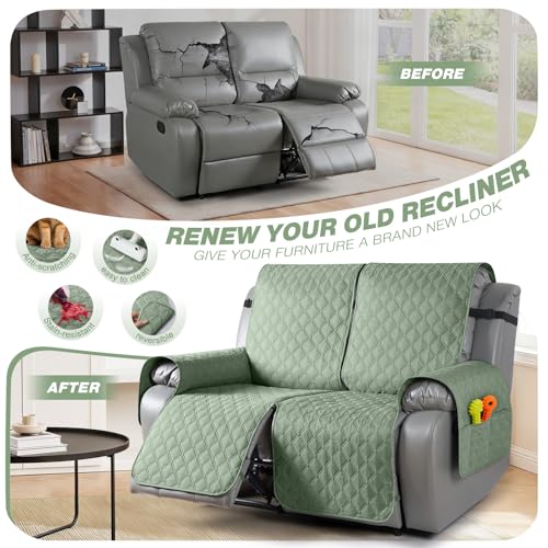 Image of TAOCOCO 100% Waterproof Recliner Covers, Recliner Sofa Covers with Leg Straps, Reversible Recliner Couch Cover for Reclining Chair, Washable Couch Protector for Pets Kids(2 Seater, Sage Green)