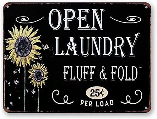 Oudrspo Retro Sunflower Metal Tin Signs Open Laundryff & Fold Posters Laundry Room Plaque Decoration Home Farmhouse Room Wall Decor 8x12inch